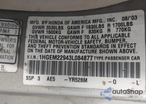 2003 Honda Civic Ex из США, поврежденный, VIN 1HGEM22943L084877